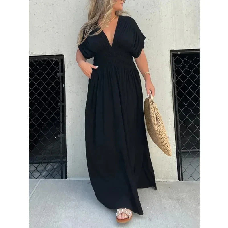 Stylish Bat-Sleeve V-Neck Slit Dress with Elastic Waist