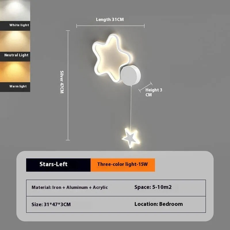 Black five-pointed star shaped children's wall lamp with a left-facing cloud design and touch control for three colour LED light.