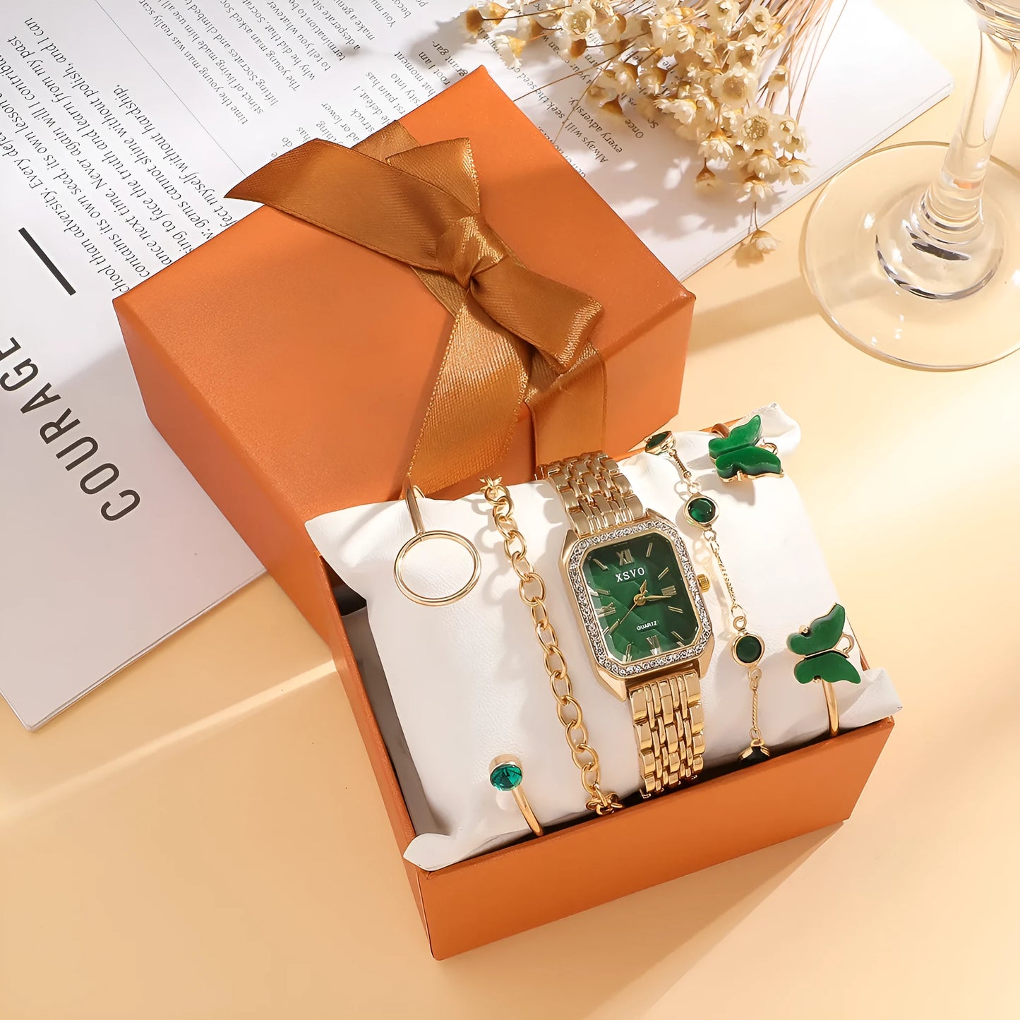 Gold green square women's watch with four matching butterfly bracelets, alloy case, 25mm dial