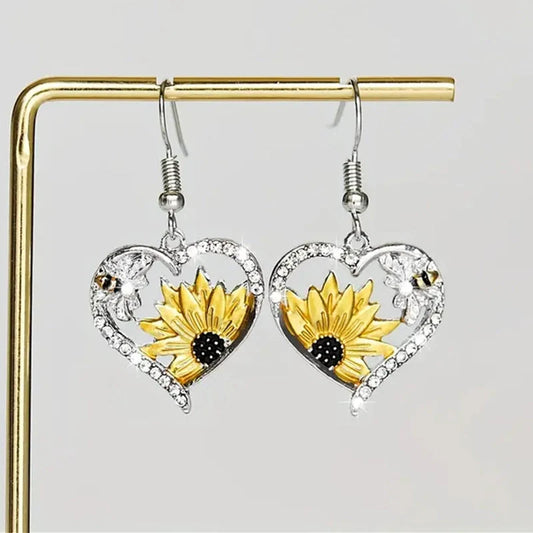 Stylish silver bee sunflower heart earrings for women, perfect for nature lovers.
