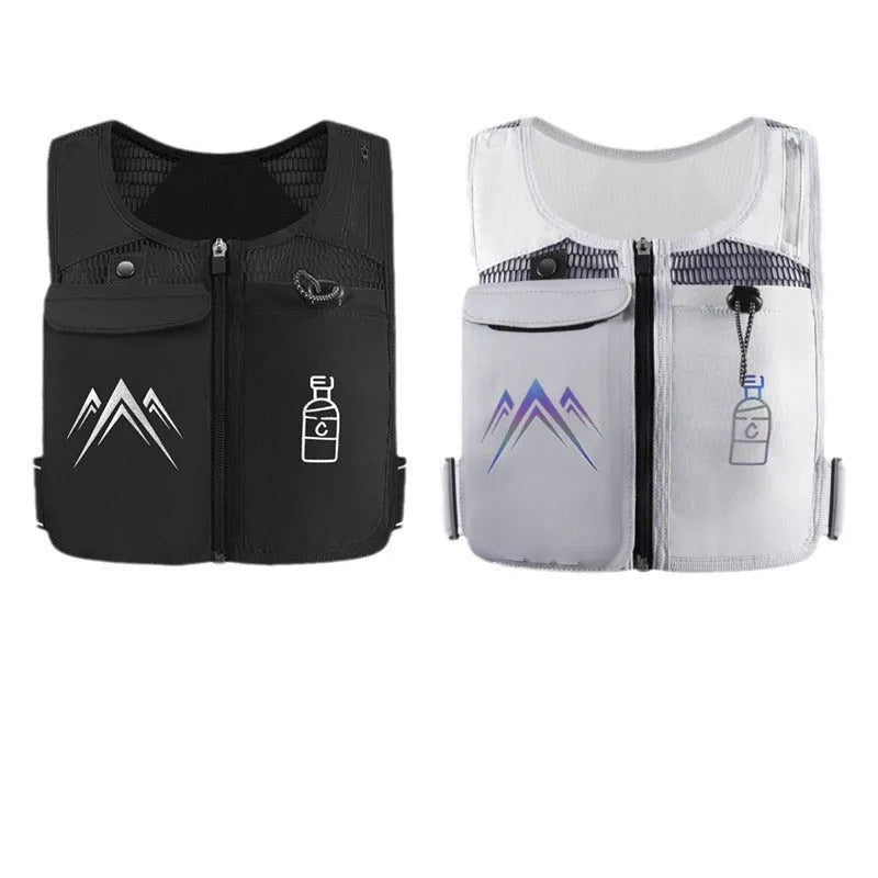 Black breathable mesh running vest with an integrated front pocket for a mobile phone.
