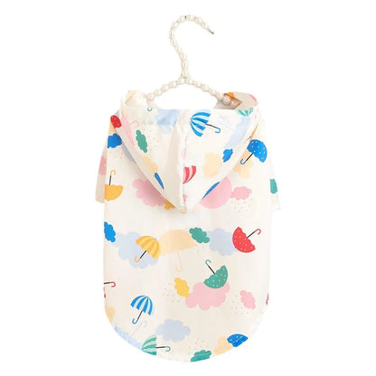 Colourful cartoon umbrella pattern pet raincoat for dogs and cats, shown in size L.
