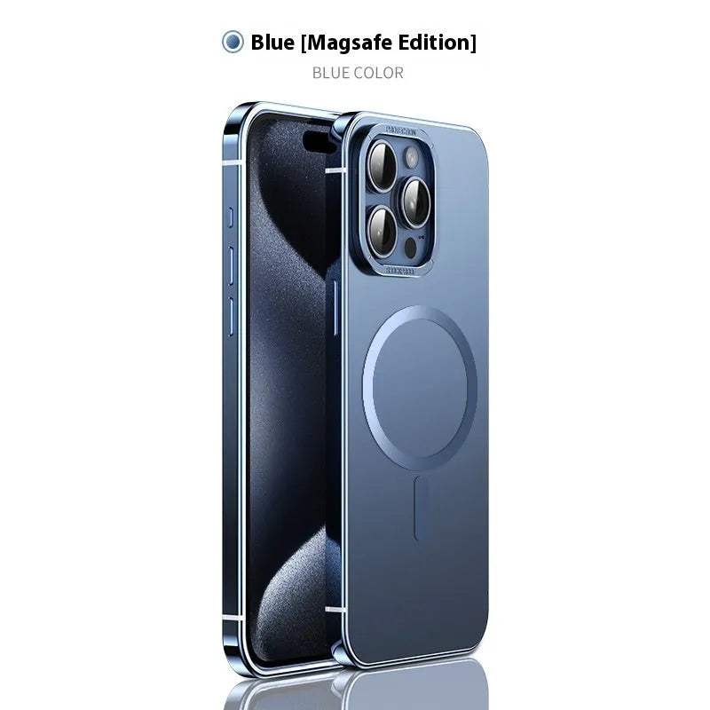 Magnetic suction iPhone case in Desert Gold with stainless steel and acrylic half-pack design and laser finish.