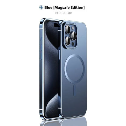 Magnetic suction iPhone case in Desert Gold with stainless steel and acrylic half-pack design and laser finish.