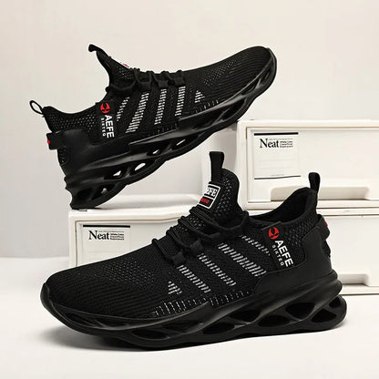 Men's black mesh casual running shoes with cross straps and MD sole