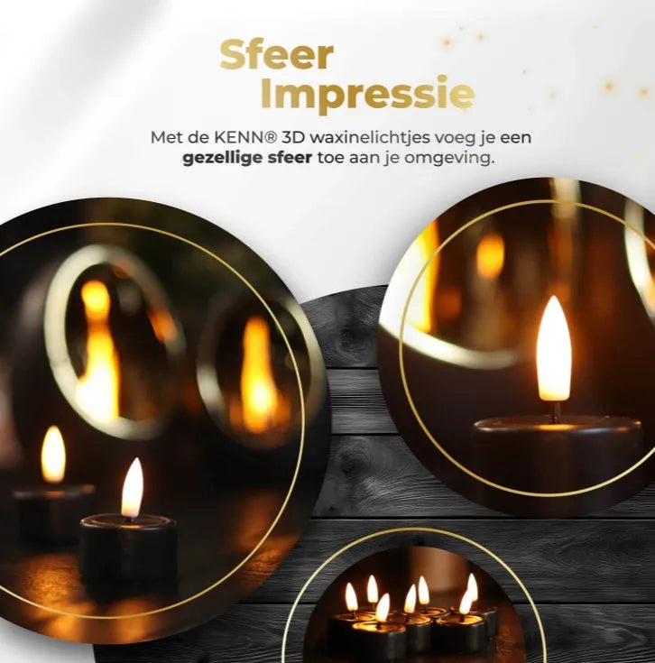 Four black LED tealight candles showing realistic flame effect with 4.1cm diameter measurement