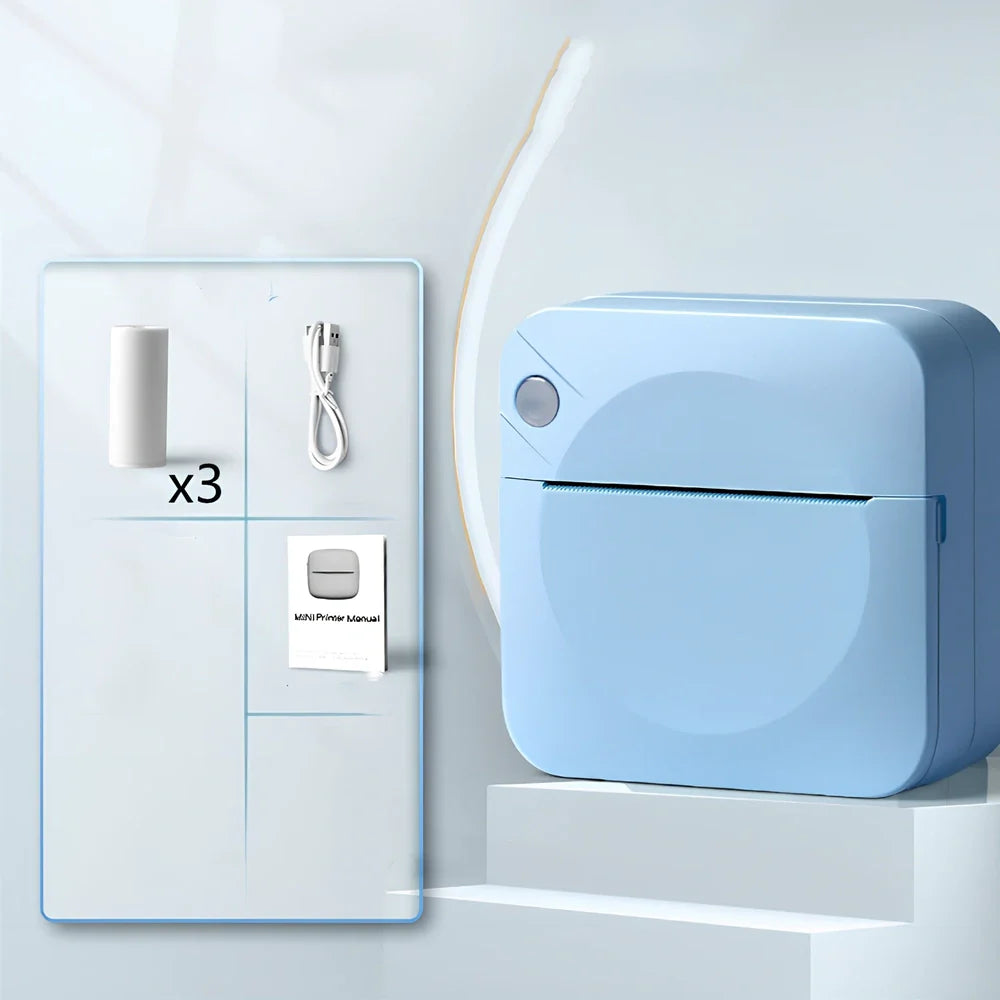 Blue mini thermal printer measuring 80x80x35mm with Bluetooth connectivity for student study organisation