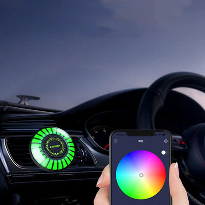 Car atmosphere light with RGB lighting installed in air vent, showing voice control and aromatherapy functions