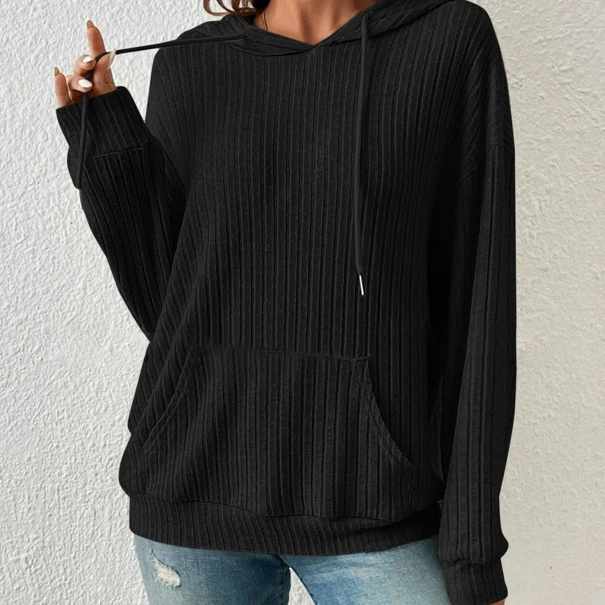 Cozy drawstring hoodie with pockets in various colors, including apricot, green, black, and gray