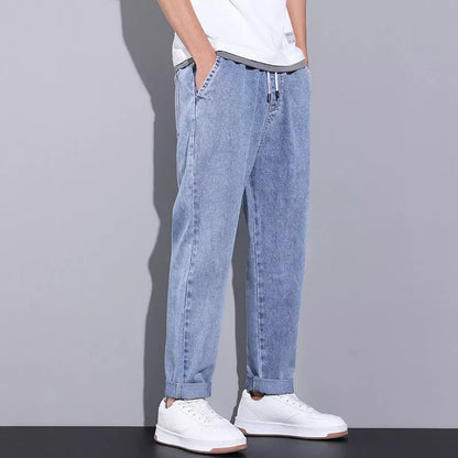 Men's summer loose wide-leg jeans with drawstring elastic waist in various colors
