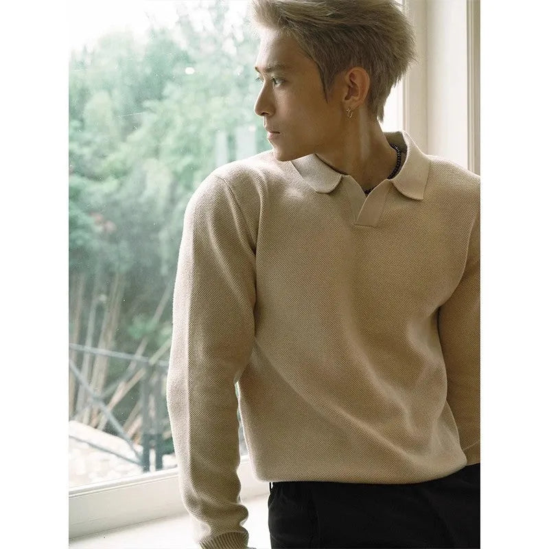 Men's loose fit knitted sweater in black or apricot, long sleeve pullover with wrinkle-free polyester blend, Japanese fresh casual style