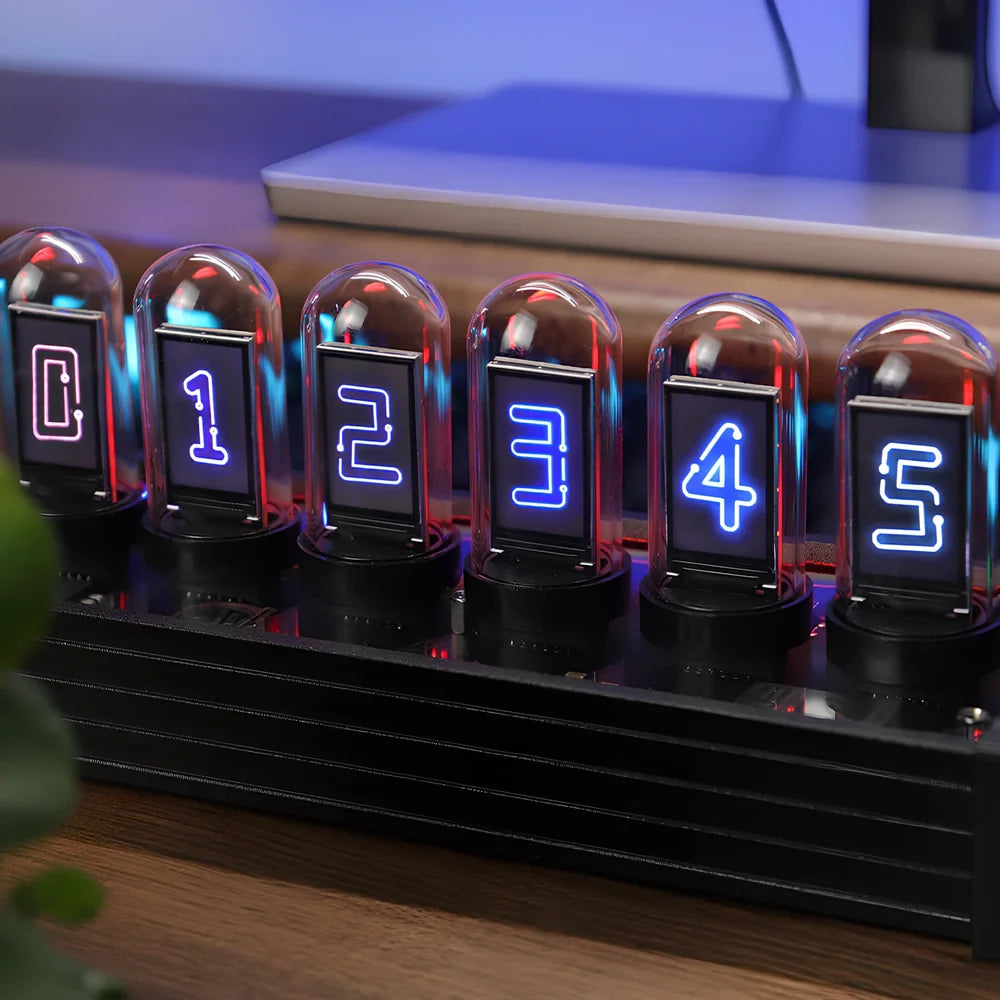Creative LED nixie tube table clock on black walnut base, glass shell with metal dial, USB powered digital display