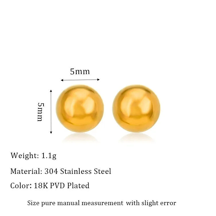 Stainless steel ball stud earrings with round geometric shape in gold or silver finish, sizes 3mm to 6mm