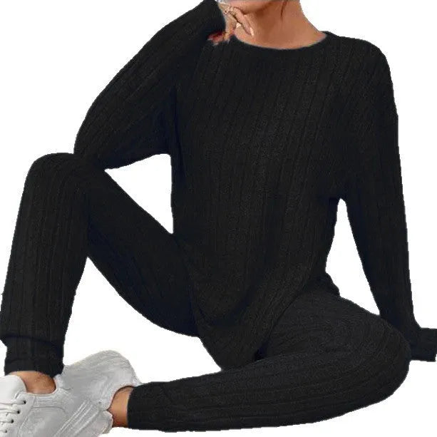 Sunken stripe two-piece homewear set in black or blue with regular sleeves, sizes 1XL to 5XL, made from polyester