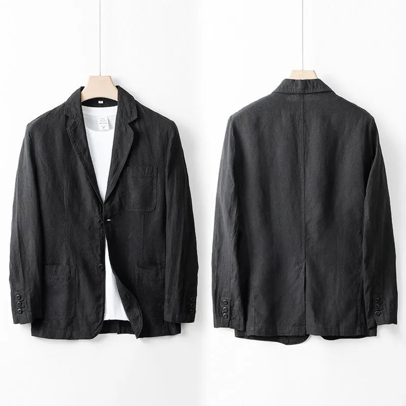 Men's loose fit linen suit jacket in solid colours showing long sleeves and casual styling