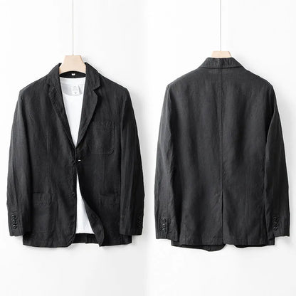 Men's loose fit linen suit jacket in solid colours showing long sleeves and casual styling