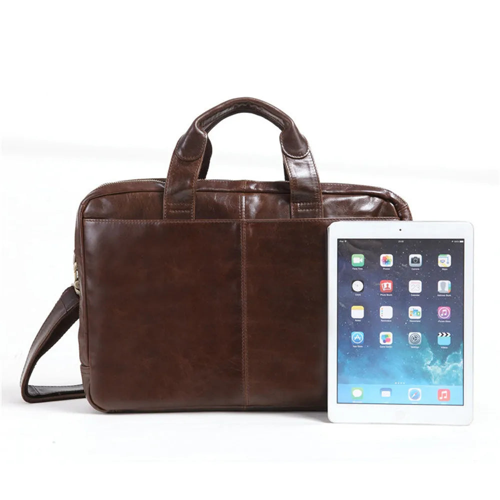 Brown men's leather business briefcase with an 18-inch size and polyester cotton lining.
