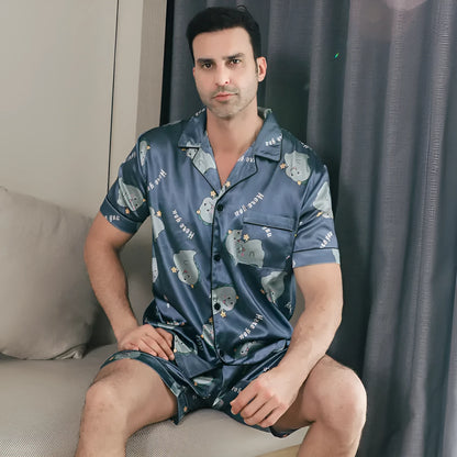 Men's ice silk short sleeve pyjamas set with cardigan style in picture colours