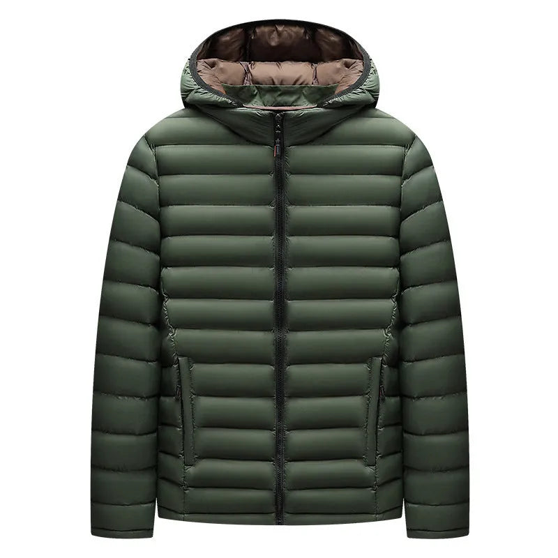 Men's lightweight hooded down cotton-padded jacket in solid colour with detachable collar and zipper pockets