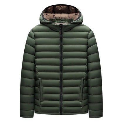 Men's lightweight hooded down cotton-padded jacket in solid colour with detachable collar and zipper pockets