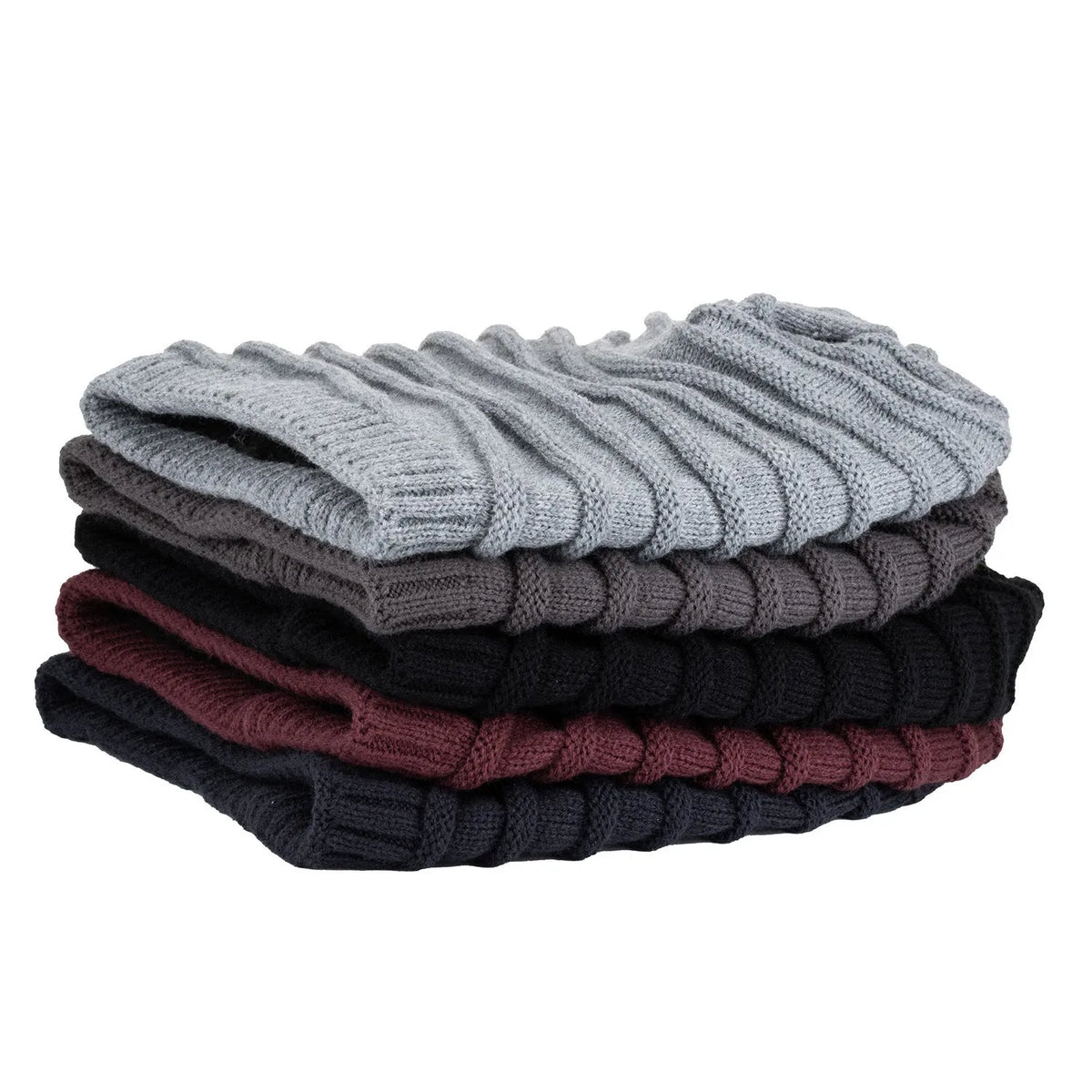 Men's wool knit hat with ear guards and geometric pattern in black, wine red, navy blue, dark grey or hemp grey.