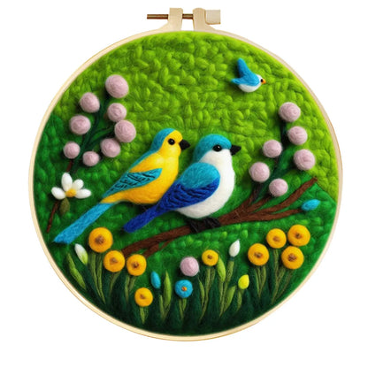 Round fabric embroidery kit with 20x20cm linen frame and wool felt for three-dimensional floral artwork