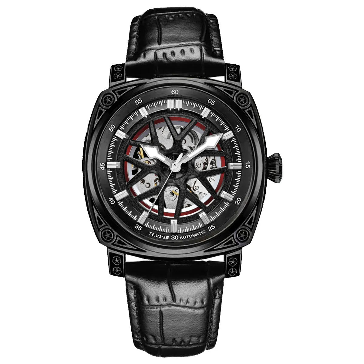 Stainless steel automatic mechanical men's watch with leather strap, 14mm thickness, available in blue, black, rose white, and white with black belt colours.
