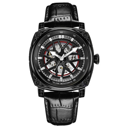 Stainless steel automatic mechanical men's watch with leather strap, 14mm thickness, available in blue, black, rose white, and white with black belt colours.