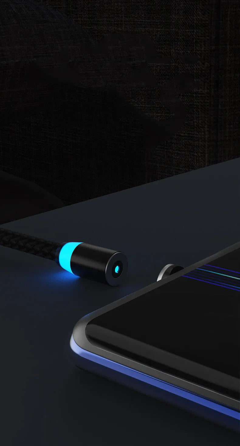 Magnetic data cable with breathing light indicator in multiple colours, showing Apple, Android and USB-C magnetic head options
