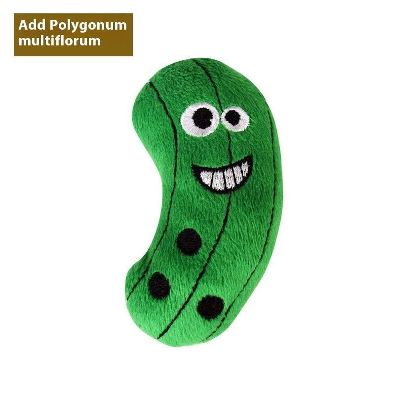Tiantianmao plush catnip pillow toy in burrito, pizza, pineapple, cucumber, cone, and mushroom shapes.