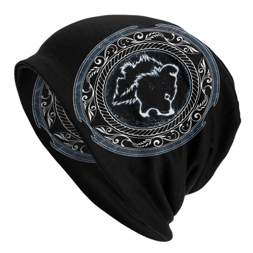 A black cotton hat with a white Viking wolf graphic and an elasticated sleeve cap construction.