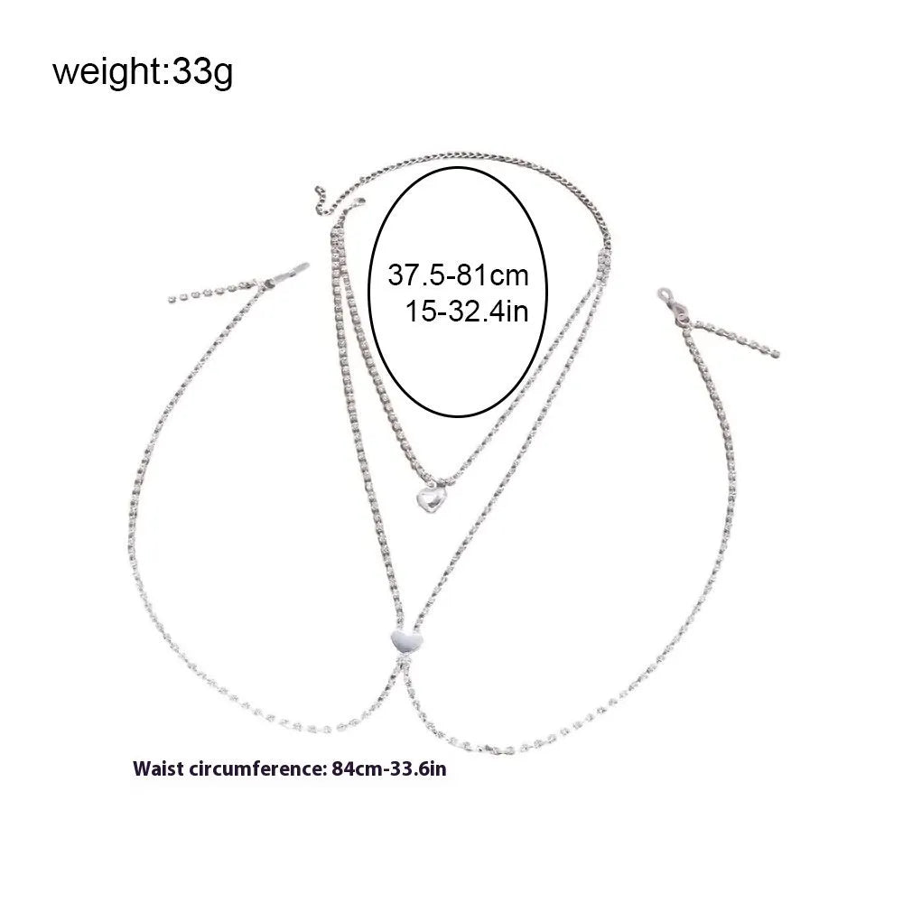 Gold or silver electroplated body chain with heart-shaped rhinestone elements for women's fashion