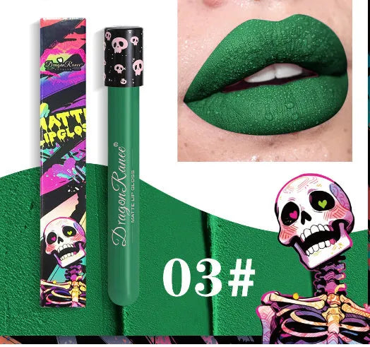 Halloween skull test tube lip gloss in gold and silver matte metallic shades showing doe-foot applicator.