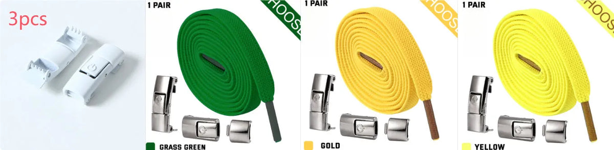 A pair of black widened flat elastic shoelaces with a silver press lock buckle on a white background.