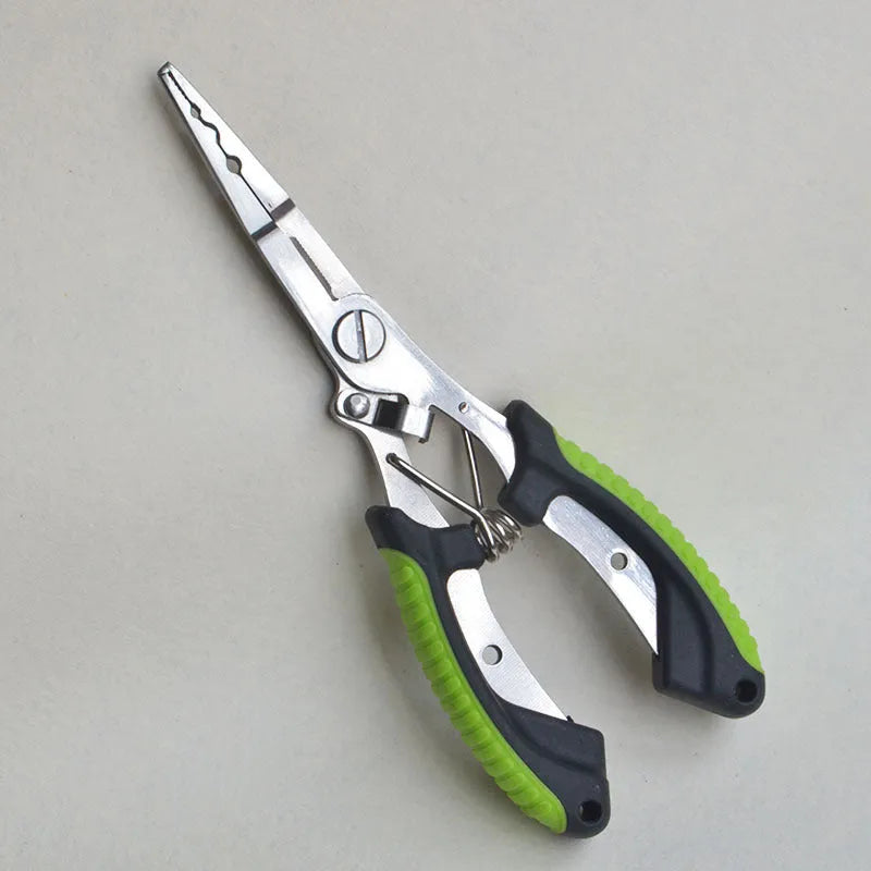 PE39 multifunctional fishing pliers with medium straight mouth and hook, showing colour handle options