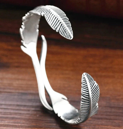 Vintage Thai Silver Double Feather Bracelet in copper with geometric design