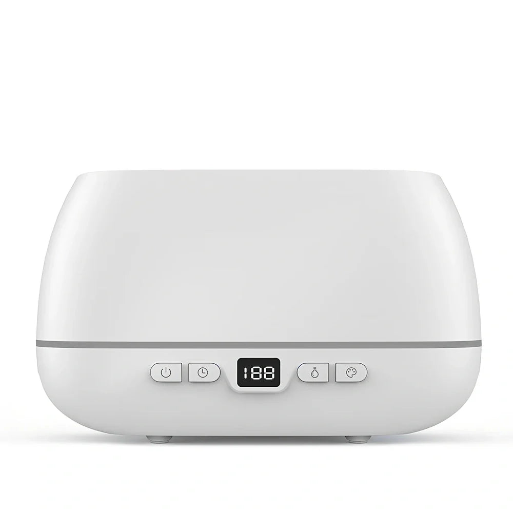 White 3D flame humidifier with 200ml tank, measuring 226mm by 127mm by 87mm, showing colourful flame effect lighting