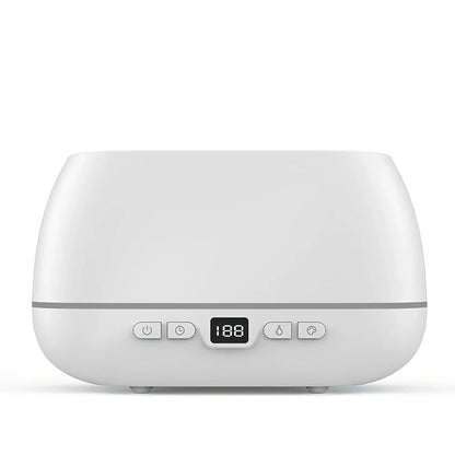 White 3D flame humidifier with 200ml tank, measuring 226mm by 127mm by 87mm, showing colourful flame effect lighting