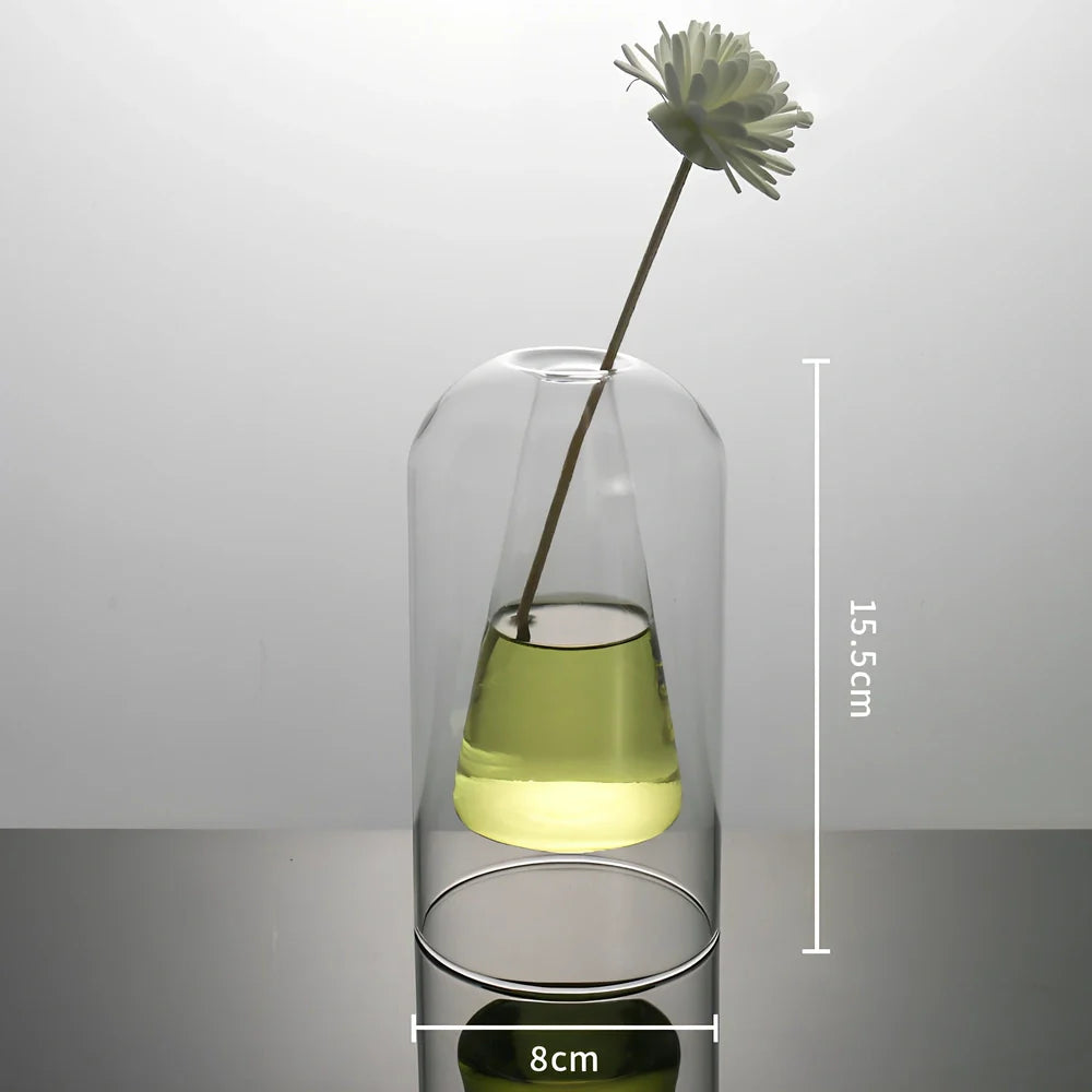 High borosilicate glass vase with double-layer construction measuring 15cm tall and 8cm wide