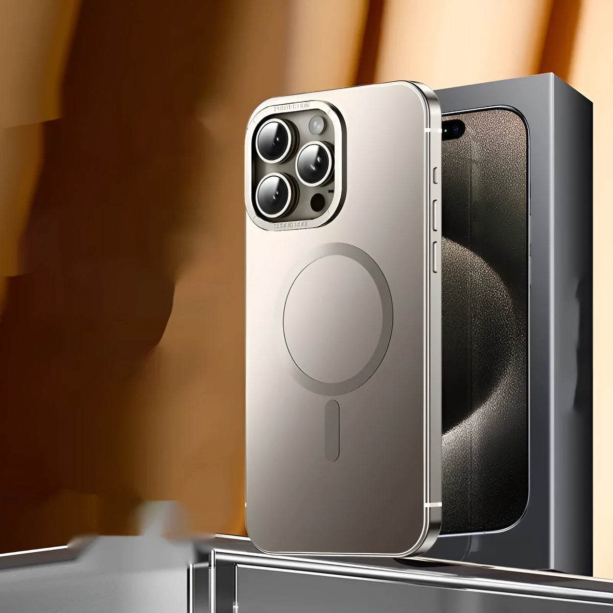 Magnetic suction iPhone case in Desert Gold with stainless steel and acrylic half-pack design and laser finish.