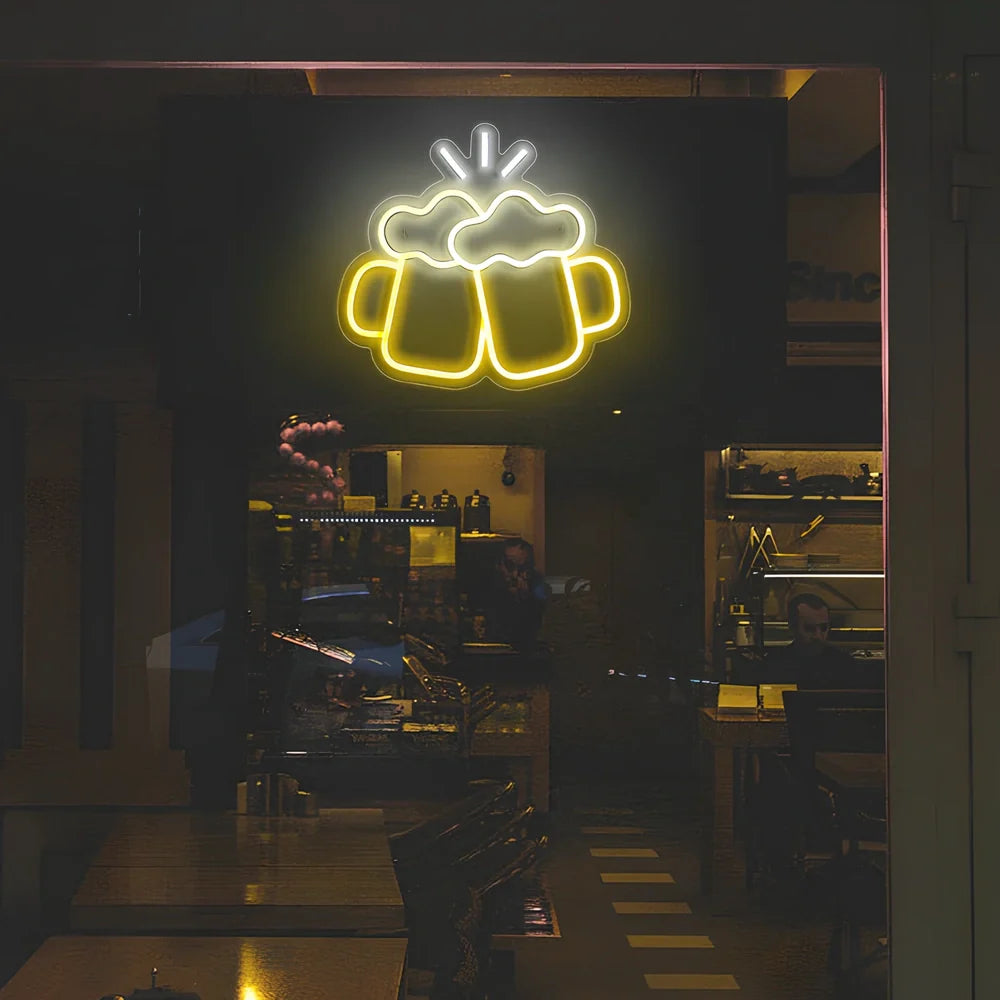 Yellow Bar Beer Cheers neon LED decorative light on shelf, acrylic shell, USB powered for home bar illumination