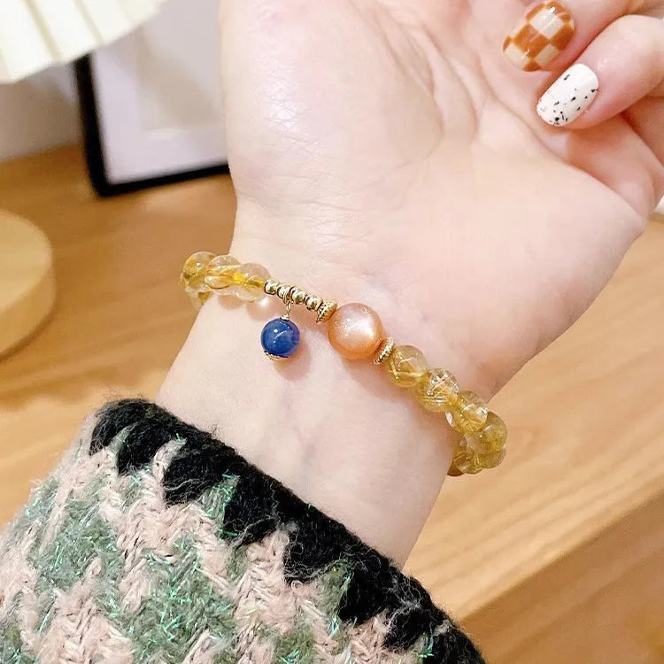 Gold Rutilated Quartz Sunstone Bracelet natural crystal jewellery manual processing round diamond shape female bracelet 20-24 cm adjustable size gold ruby colour quartz sunstone statement piece