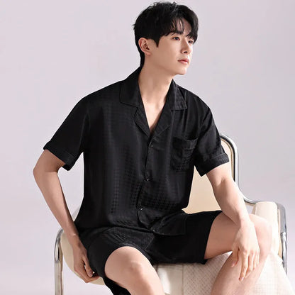 Men's artificial silk pyjama set with cardigan top and short trousers in a satin jacquard pattern.