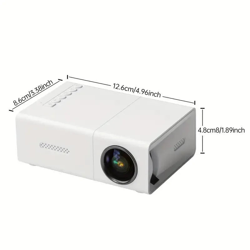 M100 Mini Projector in white or black with 100-inch screen, remote control, and cables for home cinema setup