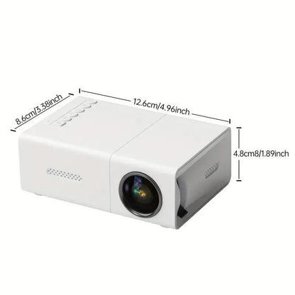 M100 Mini Projector in white or black with 100-inch screen, remote control, and cables for home cinema setup