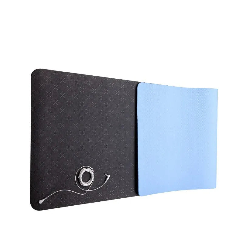Blue conductive yoga mat with plants pattern, grounding wire, dimensions 182cm by 61cm.