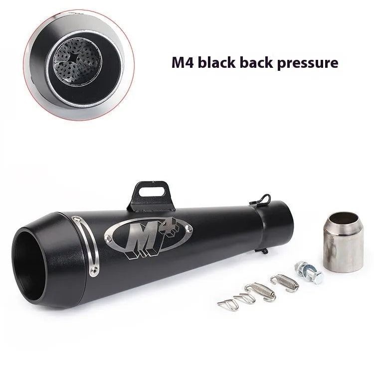 Universal M4 motorcycle exhaust pipe in various finishes including black, titanium, and half blue with back pressure options