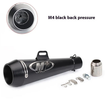 Universal M4 motorcycle exhaust pipe in various finishes including black, titanium, and half blue with back pressure options