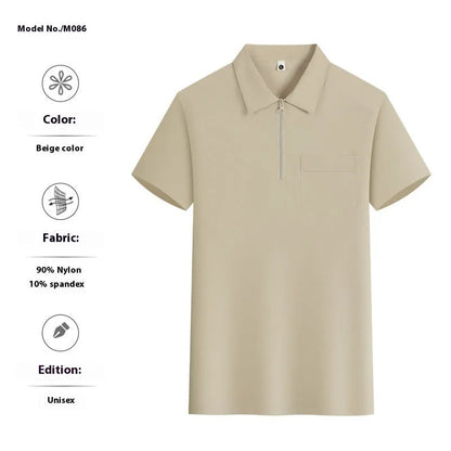 Short sleeve grey nylon work shirt with lapel zipper pockets and tooling culture design