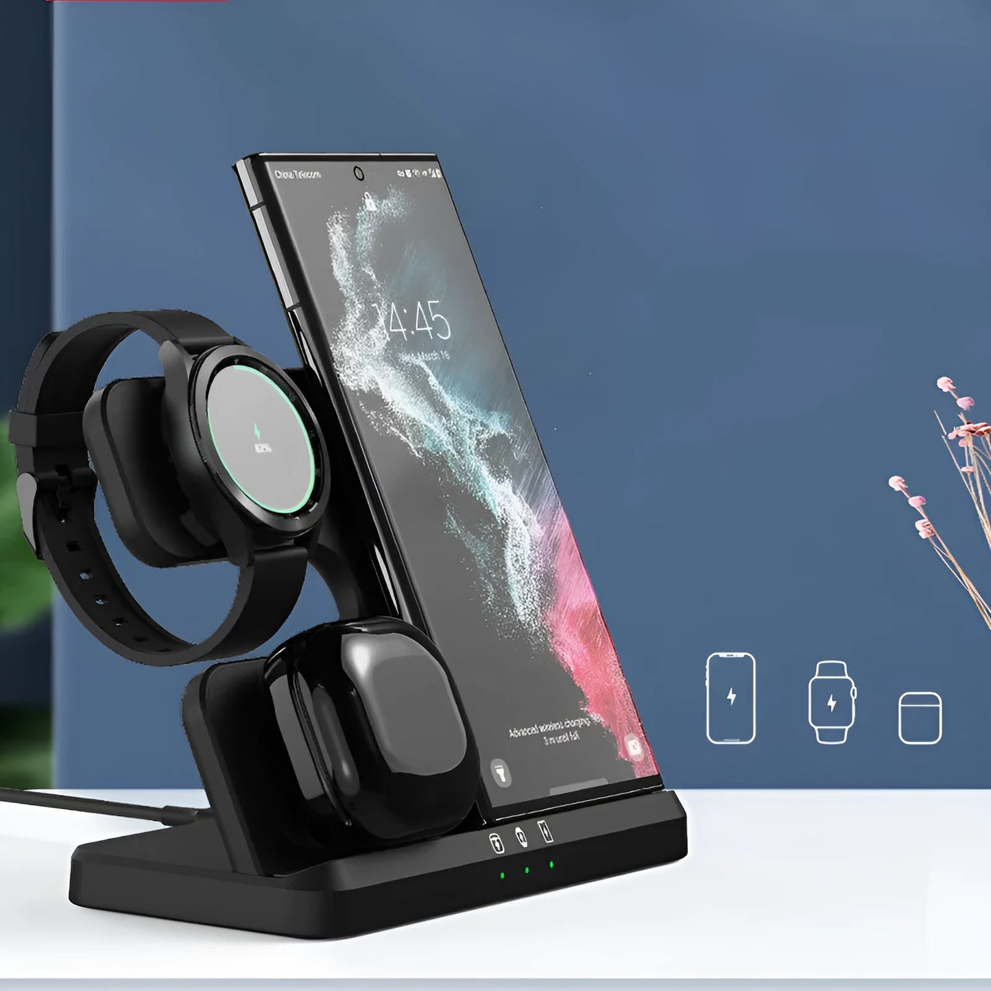 Vertical 3-in-1 wireless charging stand for mobile phone, smartwatch, and headphones